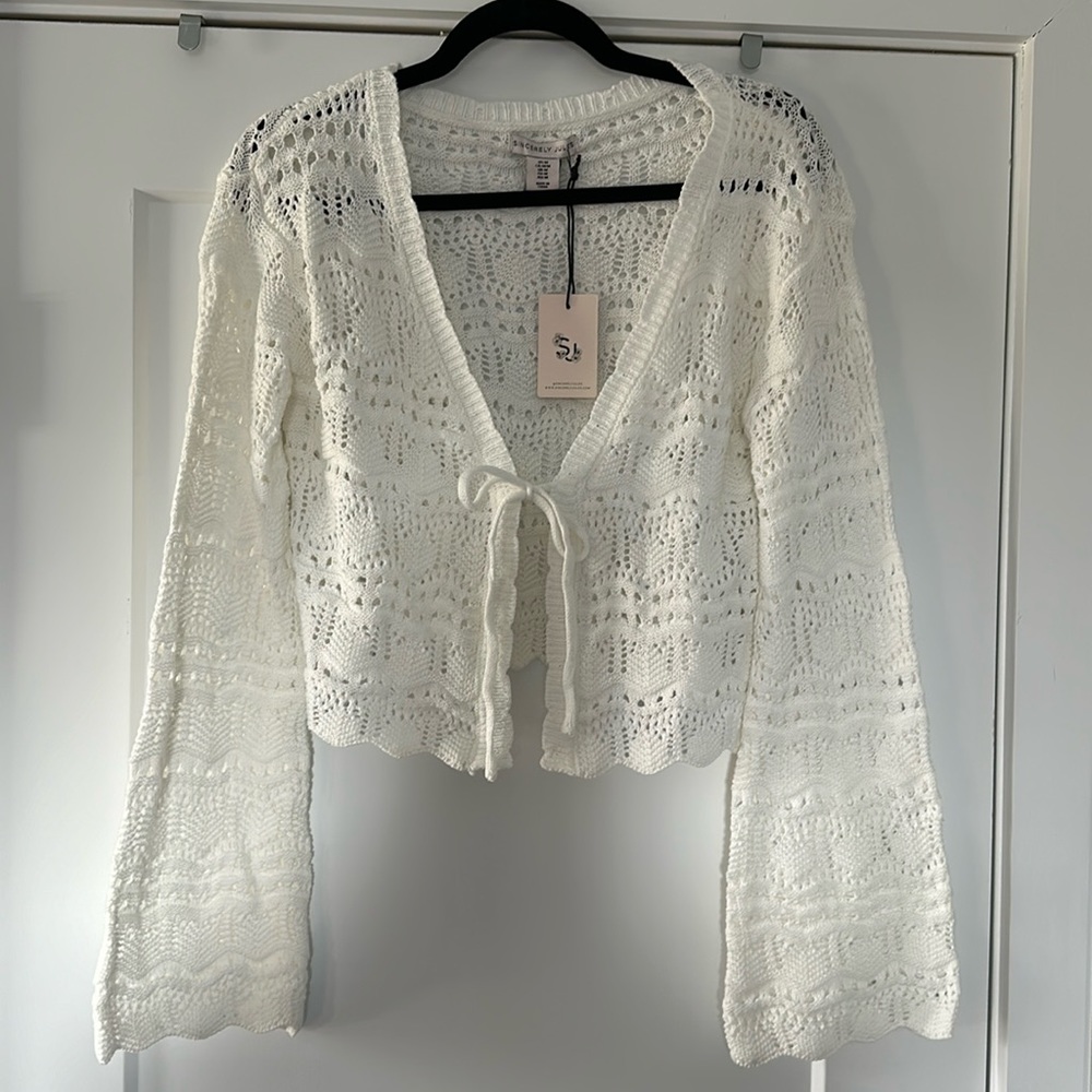 White Crochet Tie Front Cardigan
